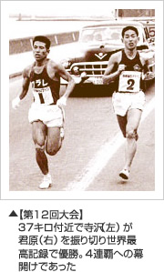 【第12回大会】37キロ付近で寺沢（左）が君原（右）を振り切り世界最高記録で優勝。4連覇への幕明けであった